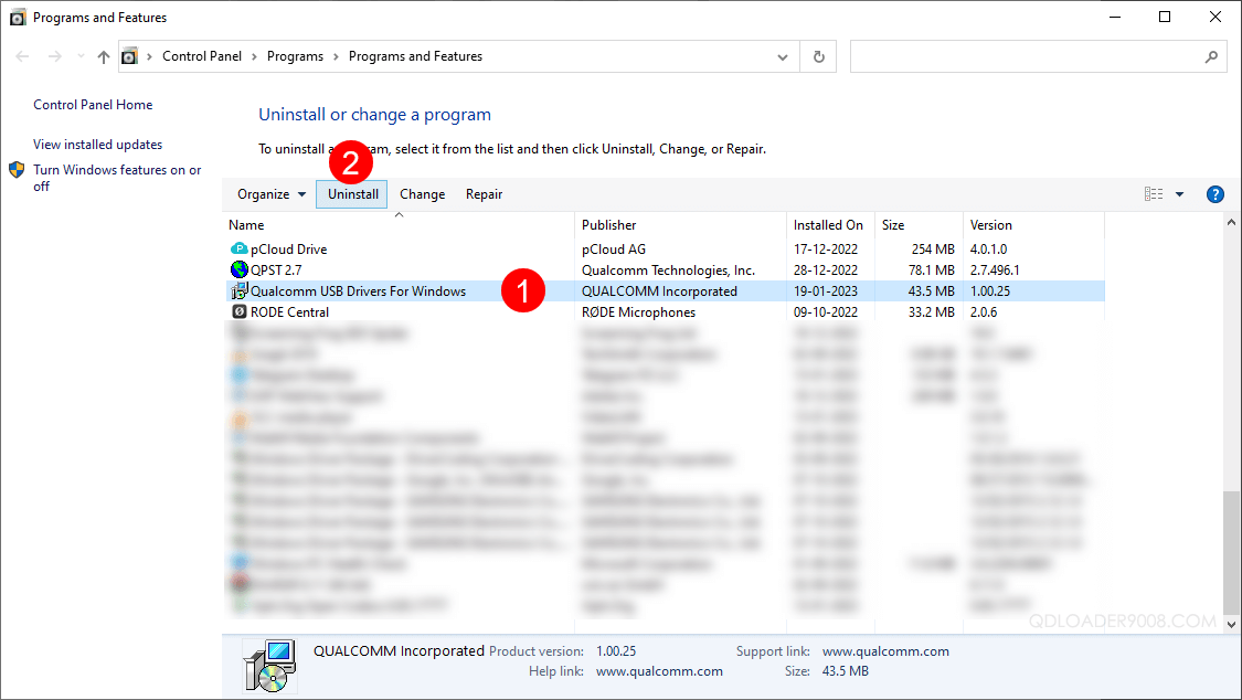 Program and Features Qualcomm QDloader Driver Uninstall